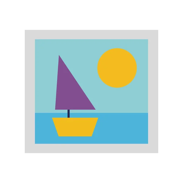 Kleurrijke Frame Foto Met Schip Zon Ontwerp Vectorillustratie — Stockvector