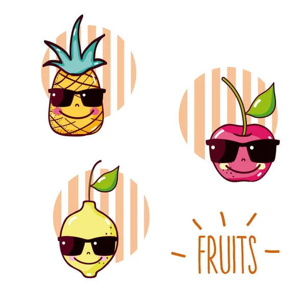 Set Simpatici Cartoni Animati Frutta Icone Rotonde Disegno Grafico Vettoriale — Vettoriale Stock
