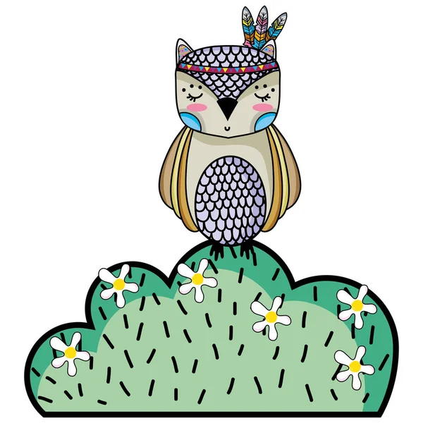 Ethnic Owl Animal Bursh Flowers Vector Illustration — Stock Vector