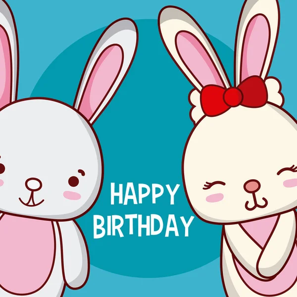 Cute Rabbits Happy Birthday Cute Card Cartoons Vector Illustration Graphic — Stock Vector