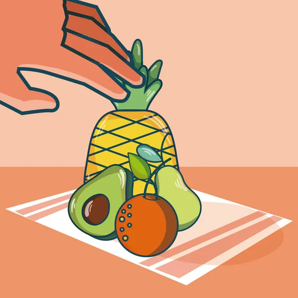 Mano Agarrando Frutas Mantel Vector Ilustración Diseño Gráfico — Archivo Imágenes Vectoriales