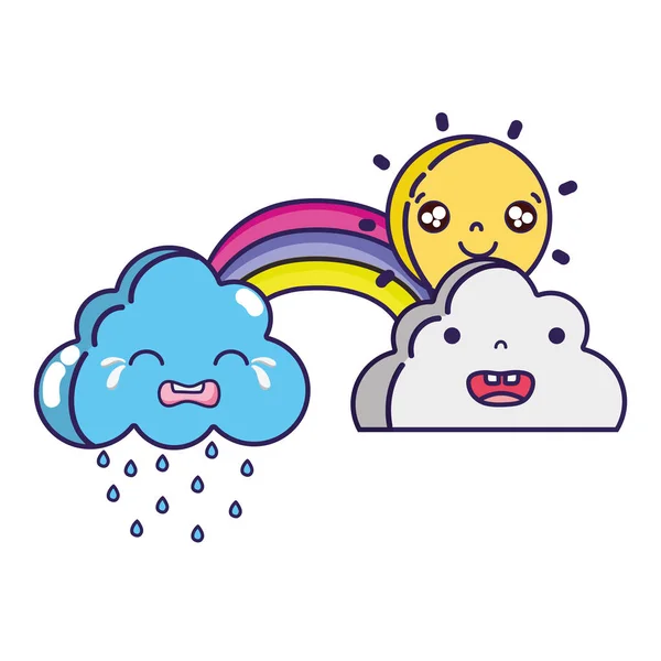 Lindo Tiempo Natural Nubes Con Sol Arco Iris Kawaii Vector — Archivo Imágenes Vectoriales