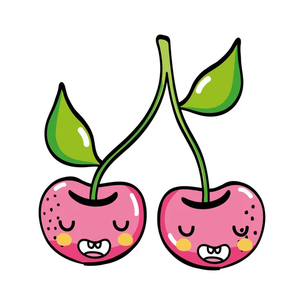 Bonito Cherrys Kawaii Engraçado Fruto Vetor Ilustração —  Vetores de Stock