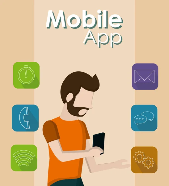 Jonge Man Met Smartphone Mobiele Apps Vector Illustratie Grafisch Ontwerp — Stockvector
