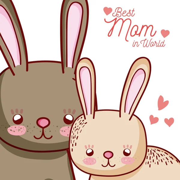 Mödrar Meddelande Kort Med Kaniner Karikatyrerna Vektor Illustration Grafisk Design — Stock vektor