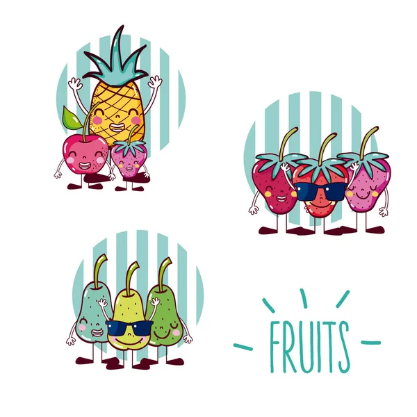 Set Cute Fruits Cartoons Icons Vector Illustration Graphic Design Stock Illustration