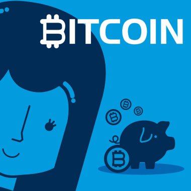 Kadın ve bitcoin domuz tasarruf illüstrasyon grafik tasarım vektör