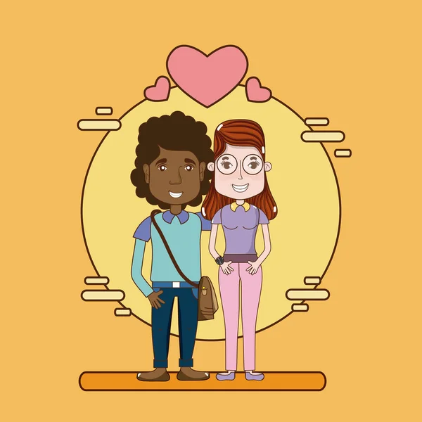 Linda Divertida Pareja Dibujos Animados Amor Sobre Ladrillos Amarillos Fondo — Vector de stock