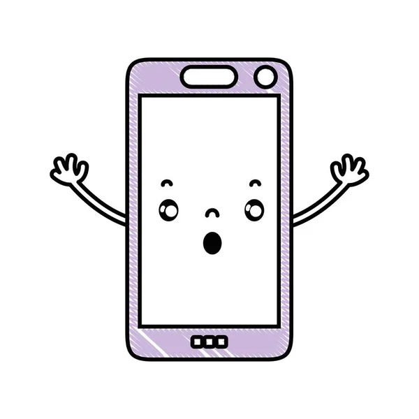 Smartphone Râpé Kawaii Mignon Effrayé Visage Vecteur Illustration — Image vectorielle