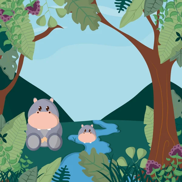 Hippos Floresta Bonito Animal Desenhos Animados Vetor Ilustração Gráfico Design —  Vetores de Stock