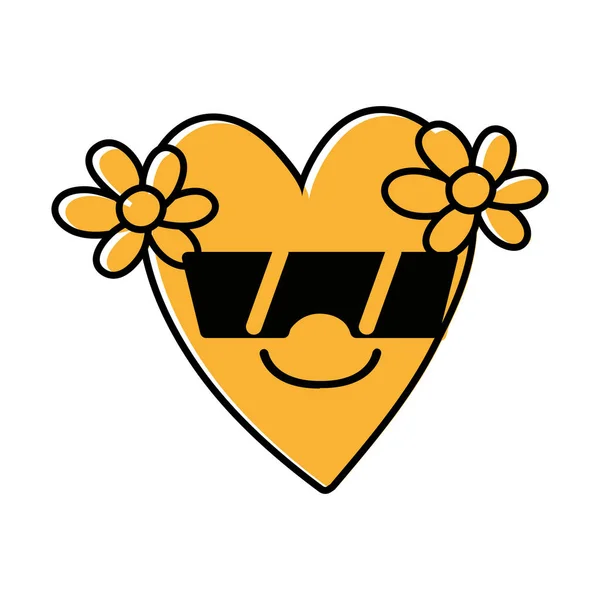 Color Sonrisa Corazón Con Flores Kawaii Con Gafas Sol Vector — Vector de stock