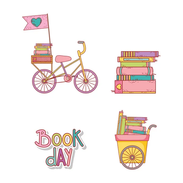 Conjunto bicicleta y carro con libros educación — Archivo Imágenes Vectoriales