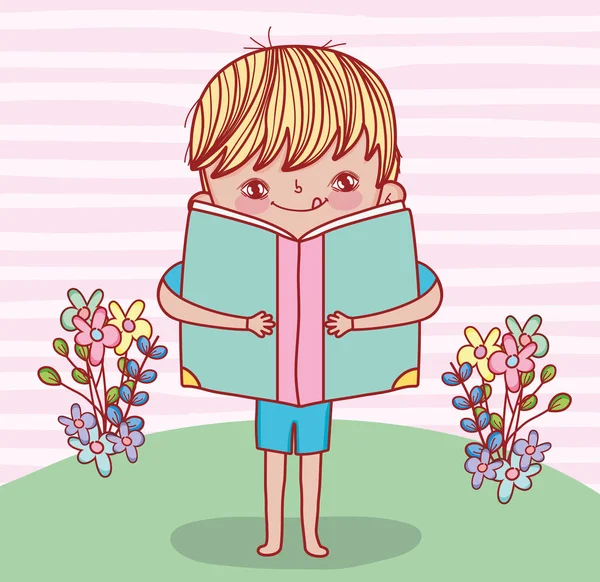 Jongen met boek informatie en bloemen planten — Stockvector