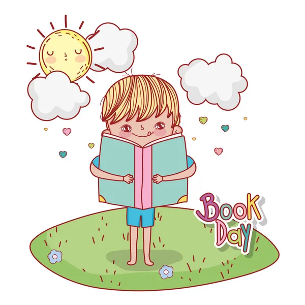 Niño con lread libro educación y sol — Vector de stock