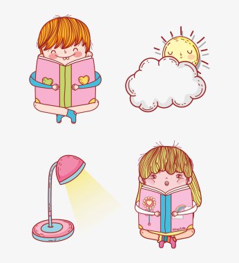 kız ve erkek lamba ve güneş ile kitap okumak ayarla