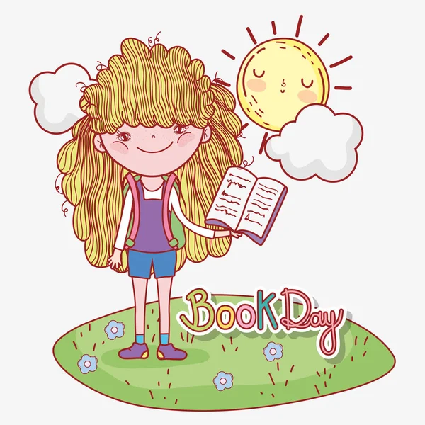 Chica leer información del libro con sol y nube — Vector de stock