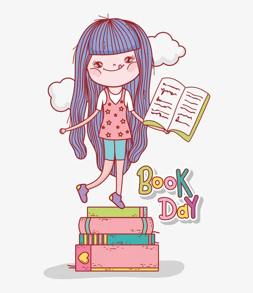 Дівчина читає книги, щоб навчитися в день літератури — стоковий вектор