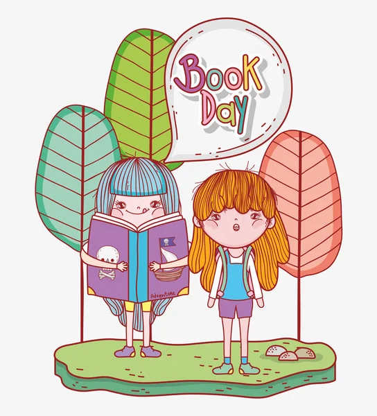 Les filles lisent des livres de littérature avec des arbres — Image vectorielle