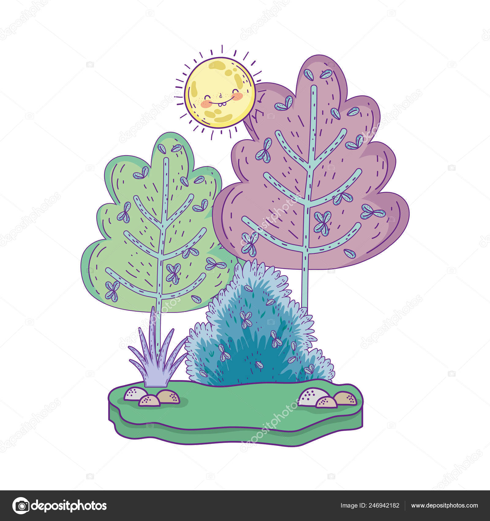 Hermoso paisaje con sol kawaii y árboles vector, gráfico vectorial ©  stockgiu imagen #246942182