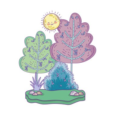 Güneş kawaii ve ağaçları ile güzel manzara