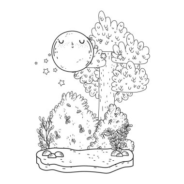 güzel manzara gece ay kawaii karakteri ile