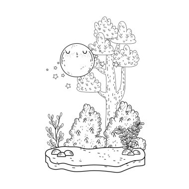 güzel manzara gece ay kawaii karakteri ile