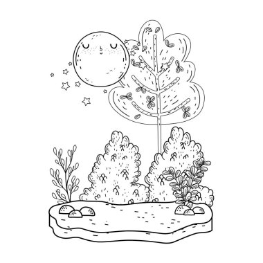 güzel manzara gece ay kawaii karakteri ile