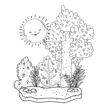 Güneş kawaii ve ağaçlar vektör çizim tasarımı ile güzel manzara
