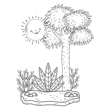 Güneş kawaii ve ağaçları ile güzel manzara