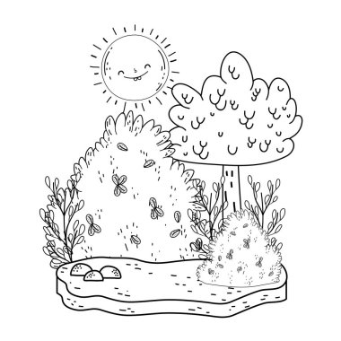 Güneş kawaii ve ağaçları ile güzel manzara