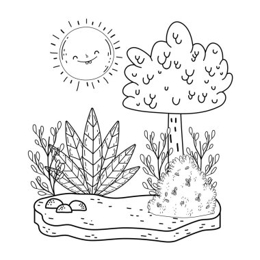 Güneş kawaii ve ağaçları ile güzel manzara