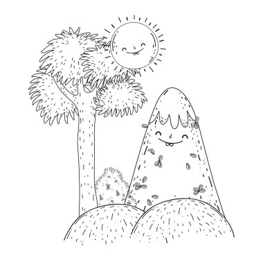 Güneş kawaii ve ağaçları ile güzel manzara