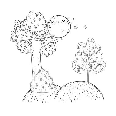 güzel manzara gece ay kawaii karakteri ile