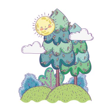 Güneş kawaii ve ağaçları ile güzel manzara