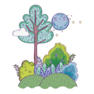 güzel manzara gece ay kawaii karakteri ile