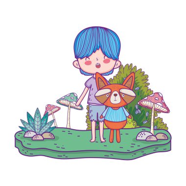 little raccoon with boy in the landscape clipart