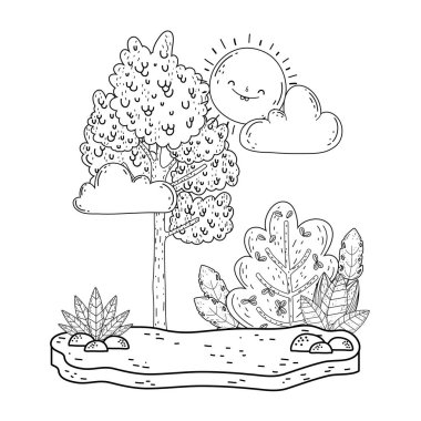 Güneş kawaii ve ağaçları ile güzel manzara