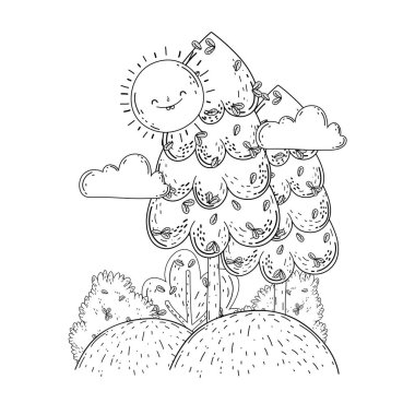 Güneş kawaii ve ağaçları ile güzel manzara