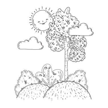 Güneş kawaii ve ağaçları ile güzel manzara