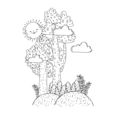 Güneş kawaii ve ağaçları ile güzel manzara