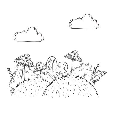 Güzel bahçe bush ve mantar peyzaj sahne