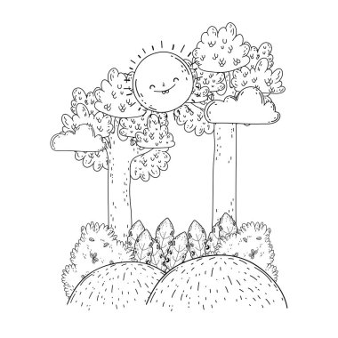 Güneş kawaii ve ağaçları ile güzel manzara