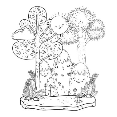 Güneş kawaii ve ağaçları ile güzel manzara