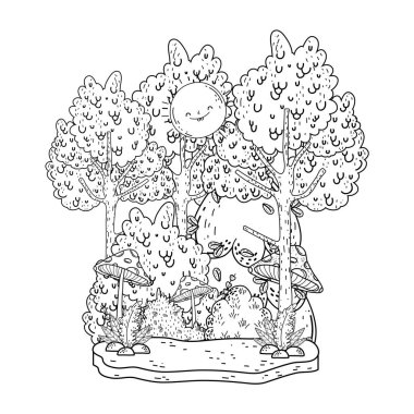 Güneş kawaii ve ağaçları ile güzel manzara