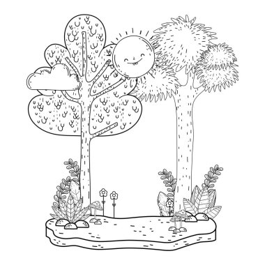 Güneş kawaii ve ağaçları ile güzel manzara