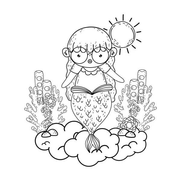 Beautiful mermaid with seaweed fairytale character — Stock Vector