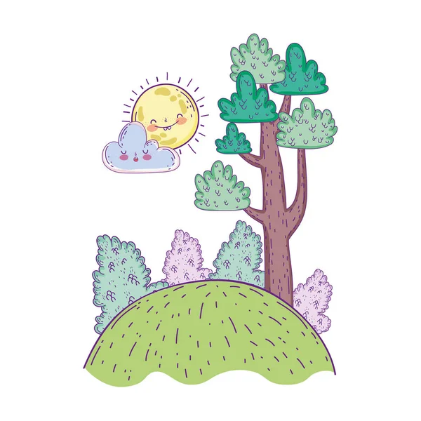 Hermoso paisaje con sol kawaii y árboles — Vector de stock