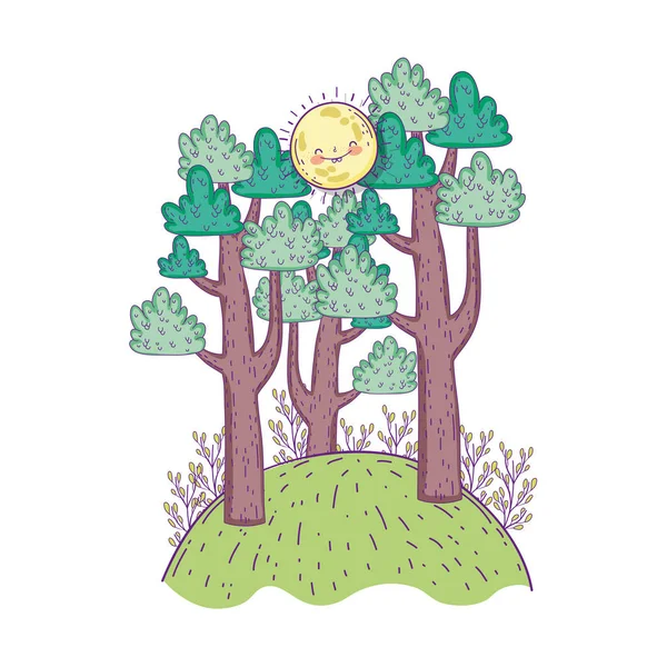 beautiful landscape with sun kawaii and trees