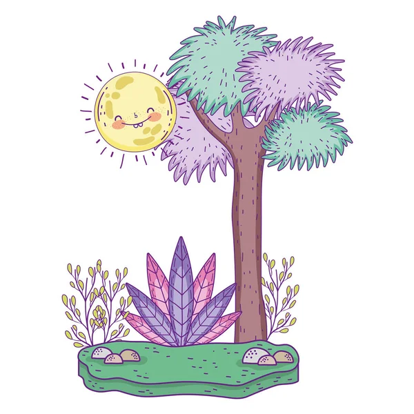 Hermoso paisaje con sol kawaii y árboles — Vector de stock