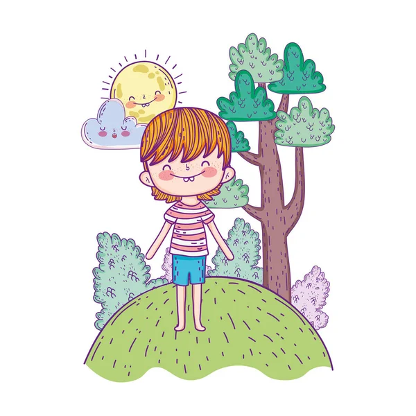 Netter kleiner Junge mit Sonnenkawaii in der Landschaft — Stockvektor